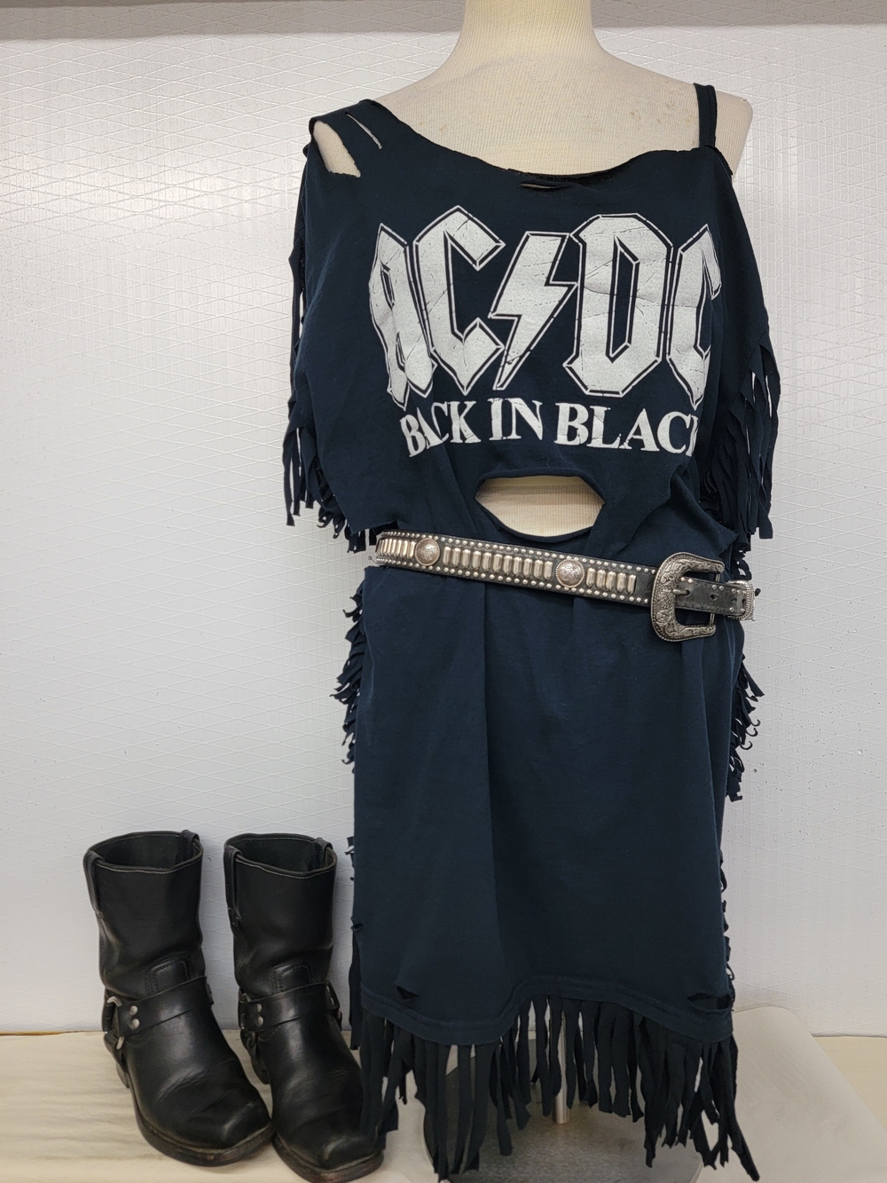 AC/DC Rock Band Fringe T-Shirt Dress - Upcycled